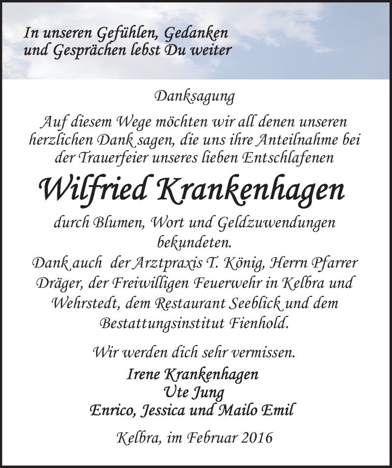  Traueranzeige für Wilfried Krankenhagen vom 20.02.2016 aus Mitteldeutsche Zeitung Sangerhausen