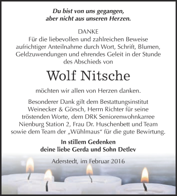 Traueranzeige von Wolf Nitsche von Super Sonntag Bernburg