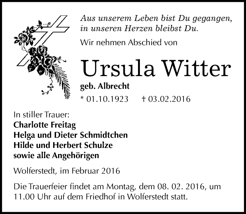  Traueranzeige für Ursula Witter vom 06.02.2016 aus Mitteldeutsche Zeitung Sangerhausen