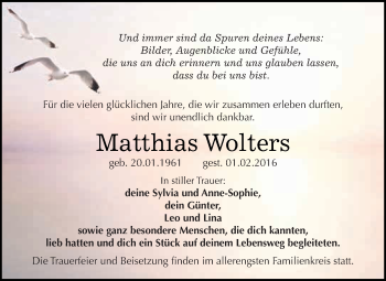 Traueranzeige von Matthias Wolters von WVG - Wochenspiegel Dessau / Köthen
