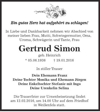 Traueranzeige von Gertrud Simon von WVG - Wochenspiegel NMB / WSF / ZTZ