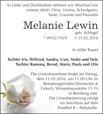 Traueranzeige von Melanie Lewin von Super Sonntag Bernburg
