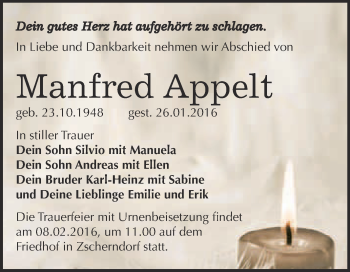 Traueranzeige von Manfred Appelt von WVG - Wochenspiegel Bitterfeld