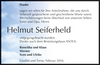 Traueranzeige von Helmut Seiferheld von Mitteldeutsche Zeitung Zeitz