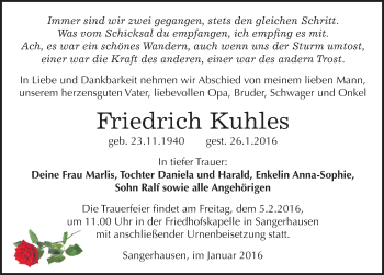 Traueranzeige von Friedrich Kuhles von Mitteldeutsche Zeitung Sangerhausen
