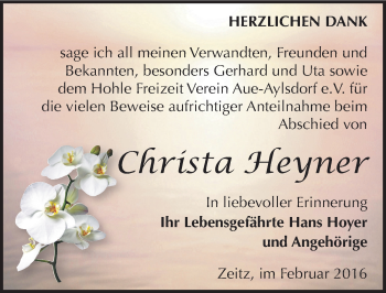 Traueranzeige von Christa Heyner von Mitteldeutsche Zeitung Zeitz