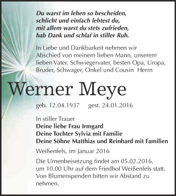 Traueranzeige von Werner Meye von WVG - Wochenspiegel NMB / WSF / ZTZ
