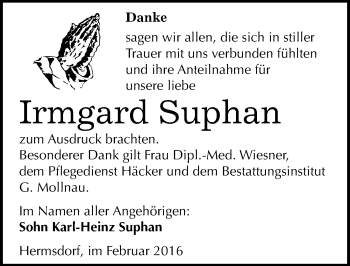 Traueranzeige von Irmgard Suphan von Mitteldeutsche Zeitung Merseburg/Querfurt