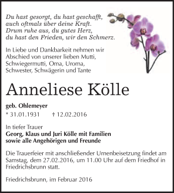 Traueranzeige von Anneliese Kölle von WVG - Wochenspiegel Quedlinburg