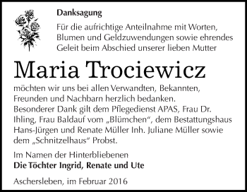 Traueranzeige von Maria Trociewicz von Super Sonntag Aschersleben