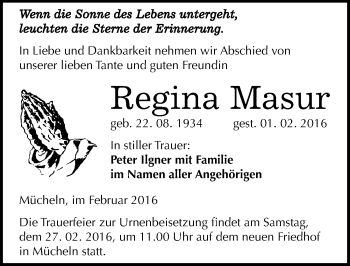 Traueranzeige von Regina Masur von Mitteldeutsche Zeitung Merseburg/Querfurt