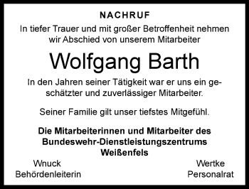 Traueranzeige von Wolfgang Barth von Mitteldeutsche Zeitung Weißenfels