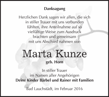 Traueranzeige von Marta Kunze von WVG - Wochenspiegel Merseburg