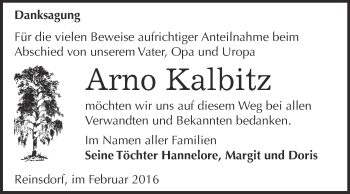 Traueranzeige von Arno Kalbitz von WVG - Wochenspiegel NMB / WSF / ZTZ