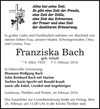 Traueranzeige von Franziska Bach von Mitteldeutsche Zeitung Zeitz