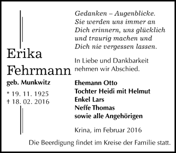 Traueranzeige von Erika Fehrmann von Mitteldeutsche Zeitung Bitterfeld