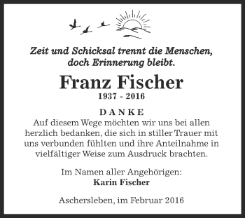 Traueranzeige von Franz Fischer von Super Sonntag Aschersleben