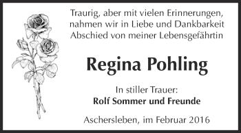 Traueranzeige von Regina Pohling von Super Sonntag Aschersleben