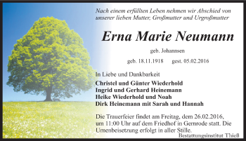 Traueranzeige von Erna Marie Neumann von Mitteldeutsche Zeitung Quedlinburg