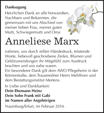 Traueranzeige von Anneliese Marx von Mitteldeutsche Zeitung Naumburg/Nebra