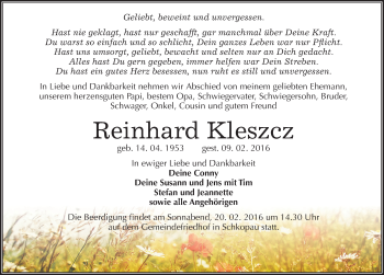 Traueranzeige von Reinhard Kleszcz von Mitteldeutsche Zeitung Merseburg/Querfurt