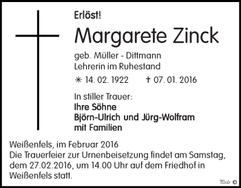 Traueranzeige von Margarete Zinck von WVG - Wochenspiegel NMB / WSF / ZTZ