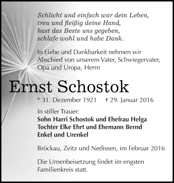 Traueranzeige von Ernst Schostok von Super Sonntag Zeitz