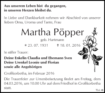 Traueranzeige von Martha Pöpper von WVG - Wochenspiegel NMB / WSF / ZTZ