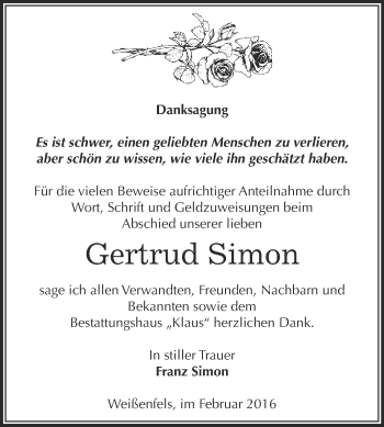 Traueranzeige von Gertrud Simon von WVG - Wochenspiegel NMB / WSF / ZTZ