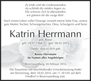 Traueranzeige von Katrin Herrmann von Super Sonntag SGH Mansf. Land