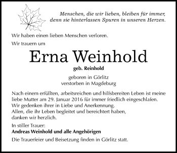 Traueranzeige von Erna Weinhold von Mitteldeutsche Zeitung Dessau-Roßlau