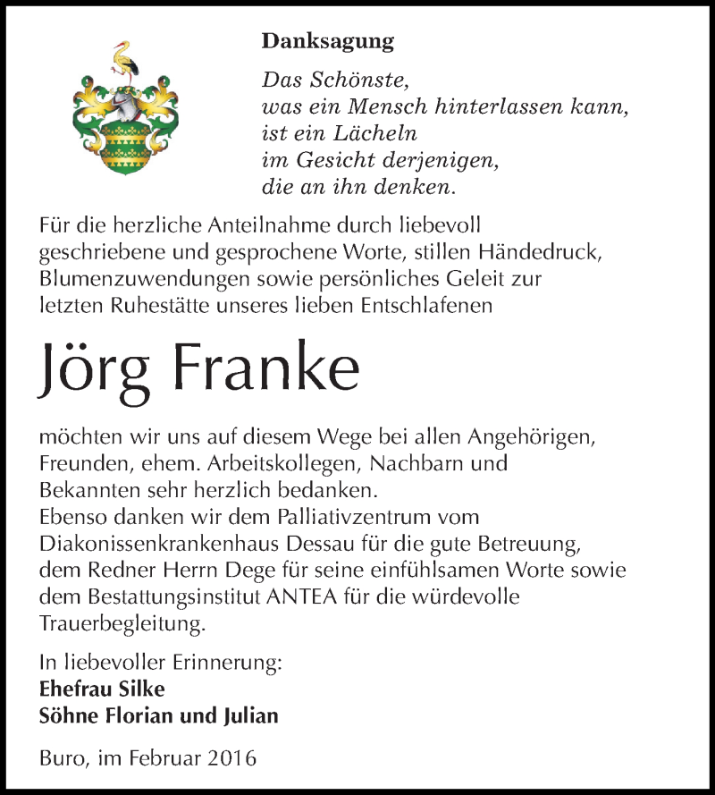  Traueranzeige für Jörg Franke vom 20.02.2016 aus Super Sonntag Wittenberg
