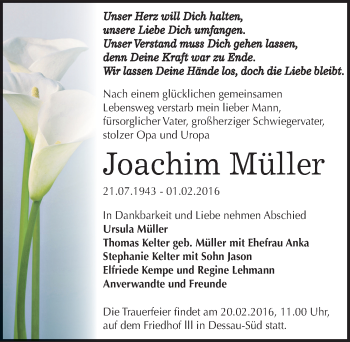 Traueranzeige von Joachim Müller von Mitteldeutsche Zeitung Dessau-Roßlau