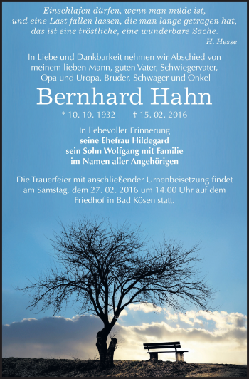 Traueranzeige von Bernhard Hahn von Mitteldeutsche Zeitung Naumburg/Nebra