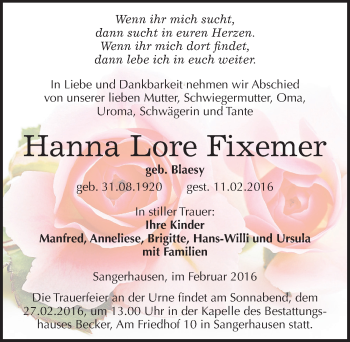 Traueranzeige von Hanna Lore Fixemer von Mitteldeutsche Zeitung Sangerhausen