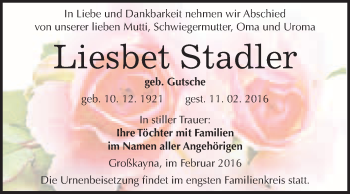 Traueranzeige von Liesbet Stadler von WVG - Wochenspiegel Merseburg