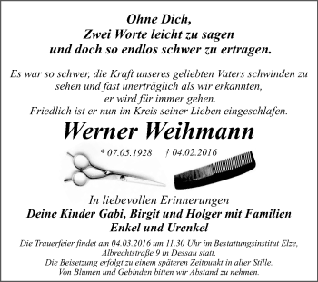 Traueranzeige von Werner Weihmann von WVG - Wochenspiegel Dessau / Köthen