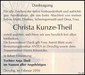 Traueranzeige von Christa Kunze-Theil von Super Sonntag Zeitz