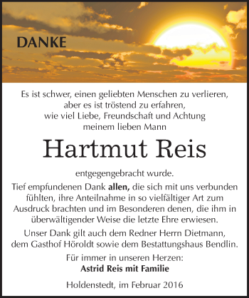 Traueranzeige von Hartmut Reis von Mitteldeutsche Zeitung Sangerhausen