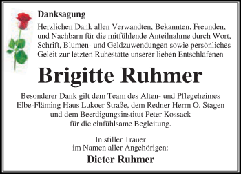 Traueranzeige von Brigitte Ruhmer von WVG - Wochenspiegel Dessau / Köthen