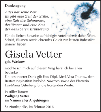 Traueranzeige von Gisela Vetter von WVG - Wochenspiegel Bitterfeld