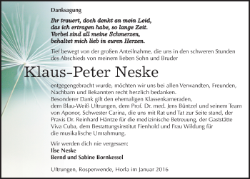 Traueranzeige von Klaus-Peter Neske von Mitteldeutsche Zeitung Sangerhausen