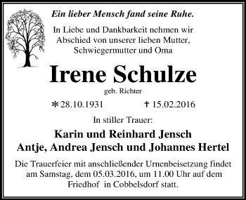 Traueranzeige von Irene Schulze von Mitteldeutsche Zeitung Wittenberg