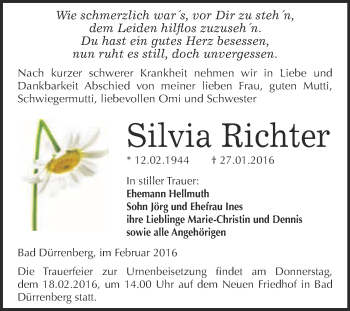 Traueranzeige von Silvia Richter von Super Sonntag Merseburg