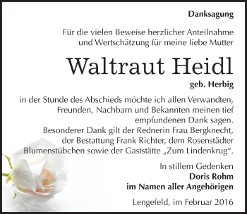Traueranzeige von Waltraut Heidl von Mitteldeutsche Zeitung Sangerhausen