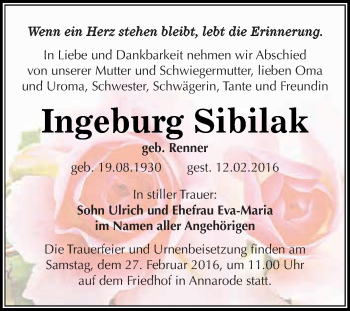 Traueranzeige von Ingeburg Sibilak von Super Sonntag SGH Mansf. Land