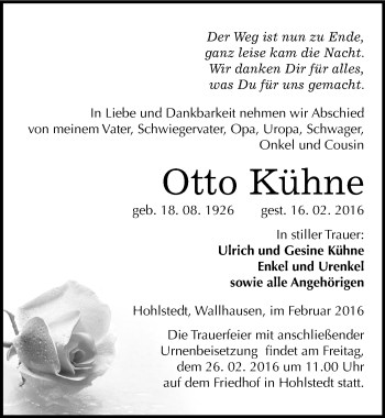 Traueranzeige von Otto Kühne von Mitteldeutsche Zeitung Sangerhausen