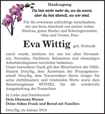Traueranzeige von Eva Wittig von Mitteldeutsche Zeitung Zeitz