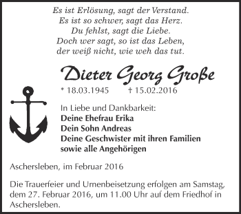 Traueranzeige von Dieter Georg Große von Super Sonntag Aschersleben