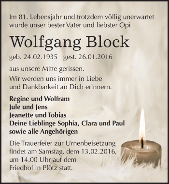 Traueranzeige von Wolfgang Block von Mitteldeutsche Zeitung Köthen